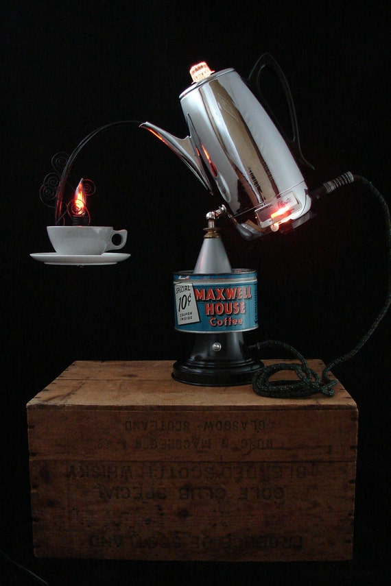 Upcycled Vintage Percolator Lamp with Maxwell House Coffee Tin