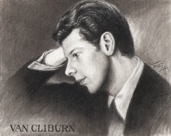 Original Charcoal Portrait Painting VAN CLIBURN Pianist MUSICIAN