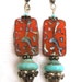 Czech Etched Glass Picasso Finish Amber Orange Bead, Aqua Czech Glass, Ornate Antique Brass, Earrings