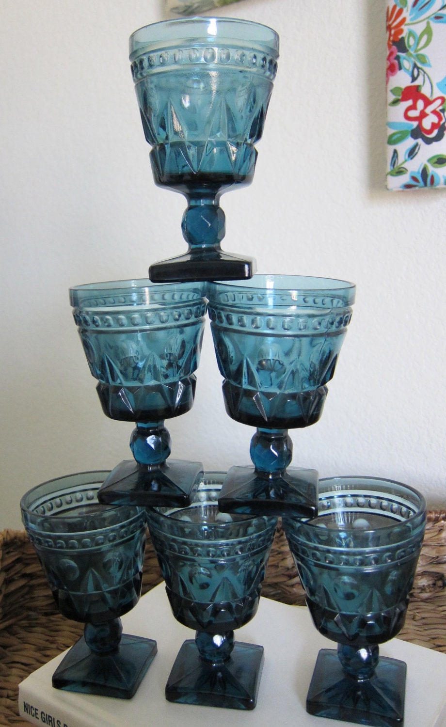 Blue Depression Glass Stemware Glasses Set of 6