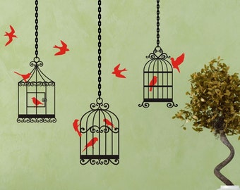 Bird Cage Wall Decal set of 3 with 10 birds Bird Cage Wall Stickers Bird Cage Decor Removable Vinyl Wall Art Decorations Bird Decals Birds