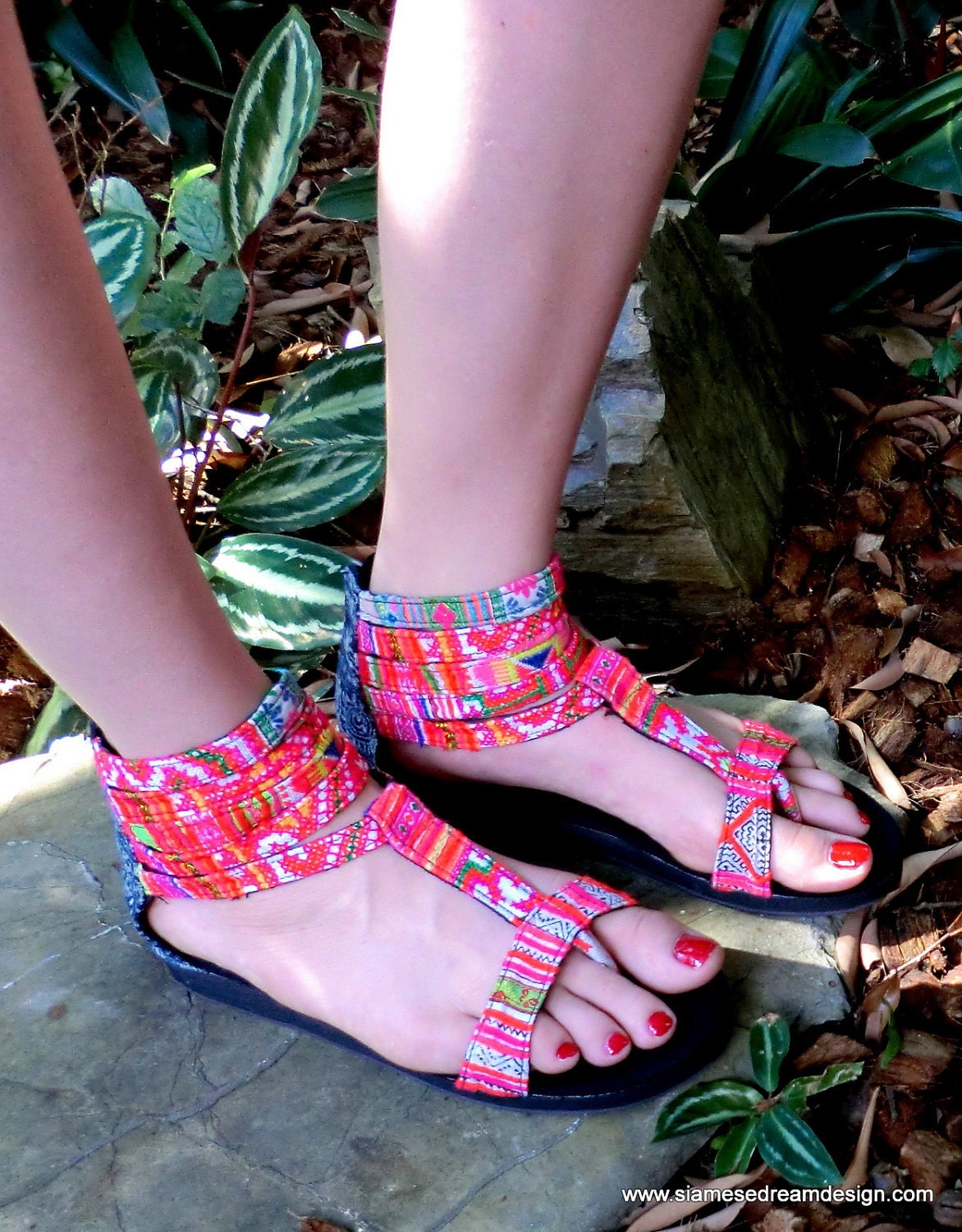 Gladiator Sandals In Pink & Indigo Hmong by SiameseDreamDesign