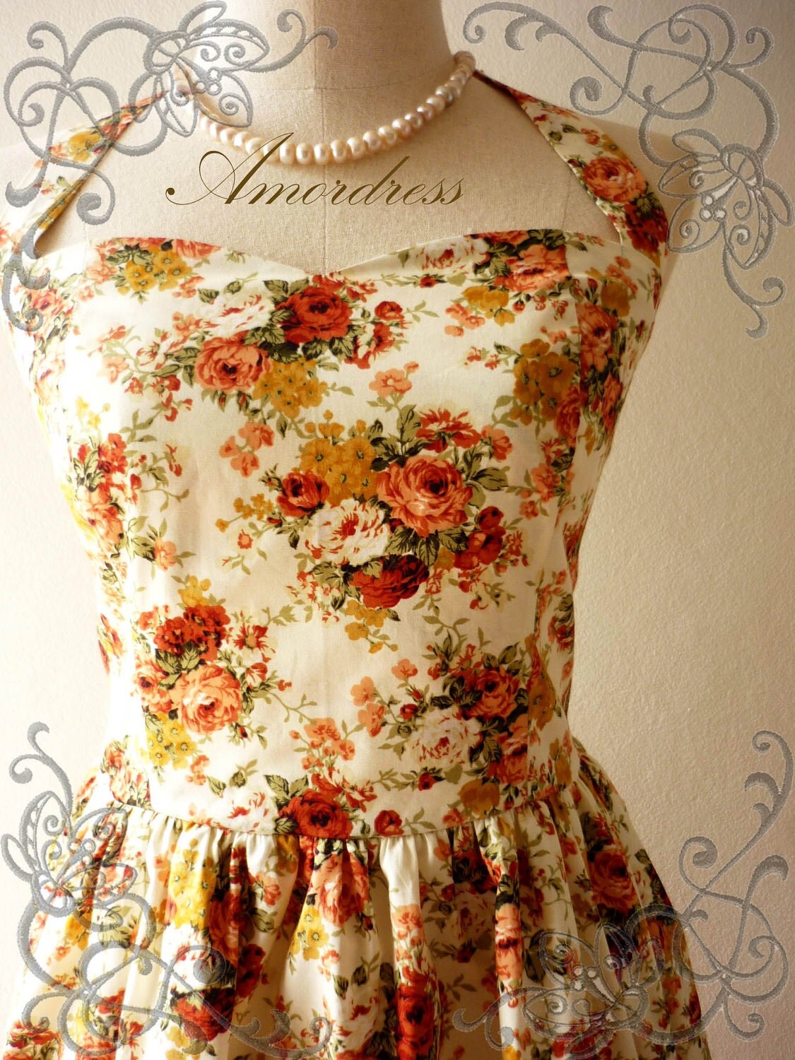 Floral Sundress Summer Dress Romantic Tangerine Floral Dress
