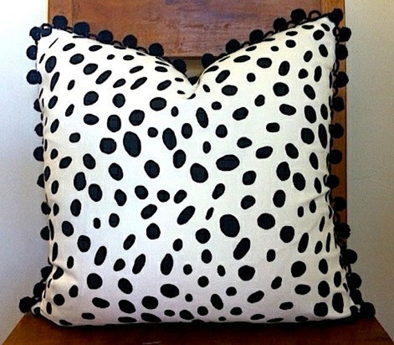 Black and White Spotted Pillow Cover with Pom Pom Black Fringe size 18x18