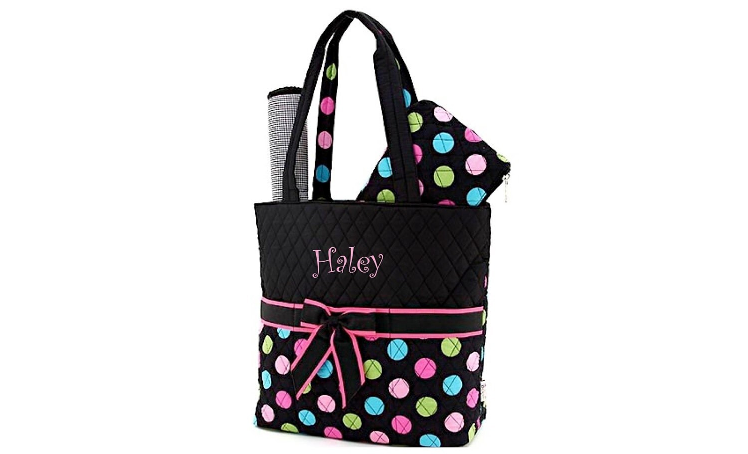 Monogrammed Diaper Bag Purse Set Personalized Black Pink Polka