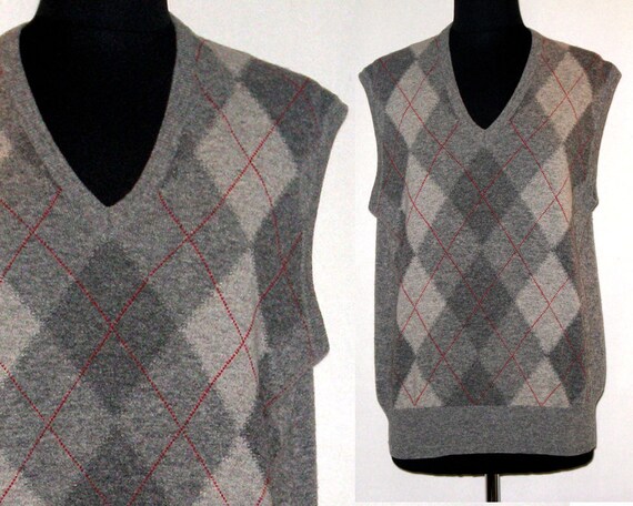 Mens Vintage Gray Argyle Wool Sweater Vest