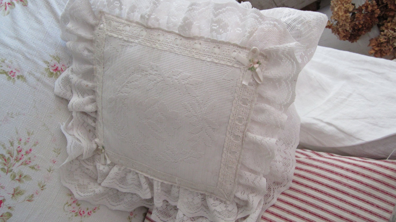 Vintage white lace pillow ruffles shabby by Vintagewhitecottage
