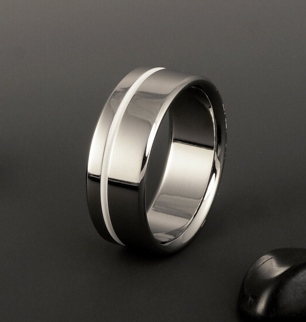 Titanium Wedding Ring White Titanium Band Offset Pinstripe