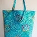 SALE Batik Aqua Tote Bag cruise, market, books, overnight, shopping, travel, grocery, diaper, lined, double handles, inside pockets