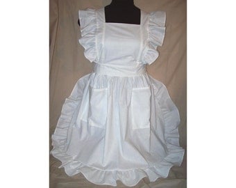 Plus size 1X Ruffled Bib Apron Pinafore white polycotton blend