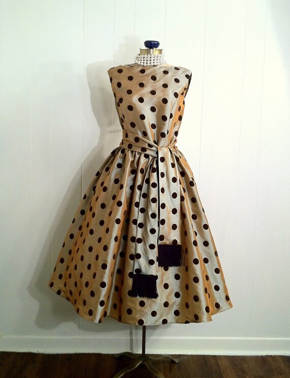 Items similar to RESERVED 1950s Flocked Polka Dot Taffeta Swing Dress ...