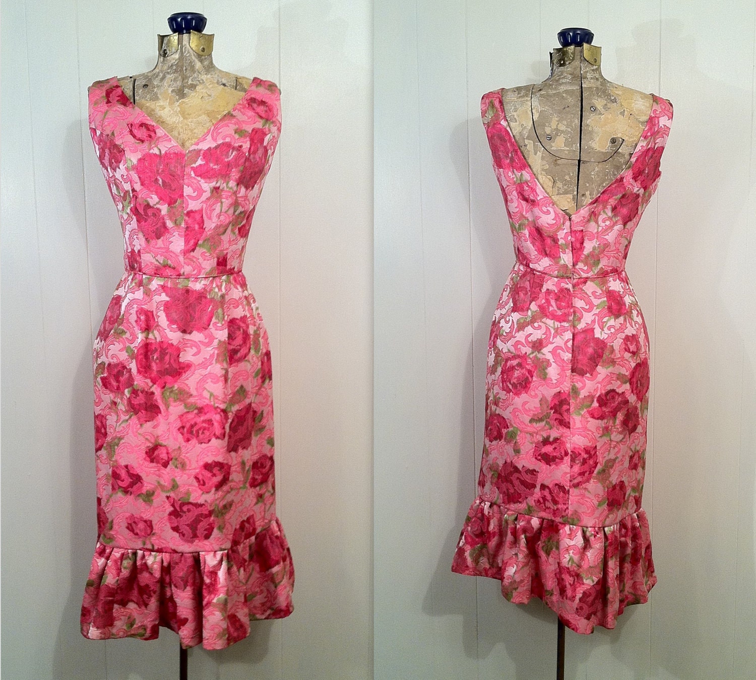 Vintage Pink Brocade Wiggle Dress with Ruffled Hem