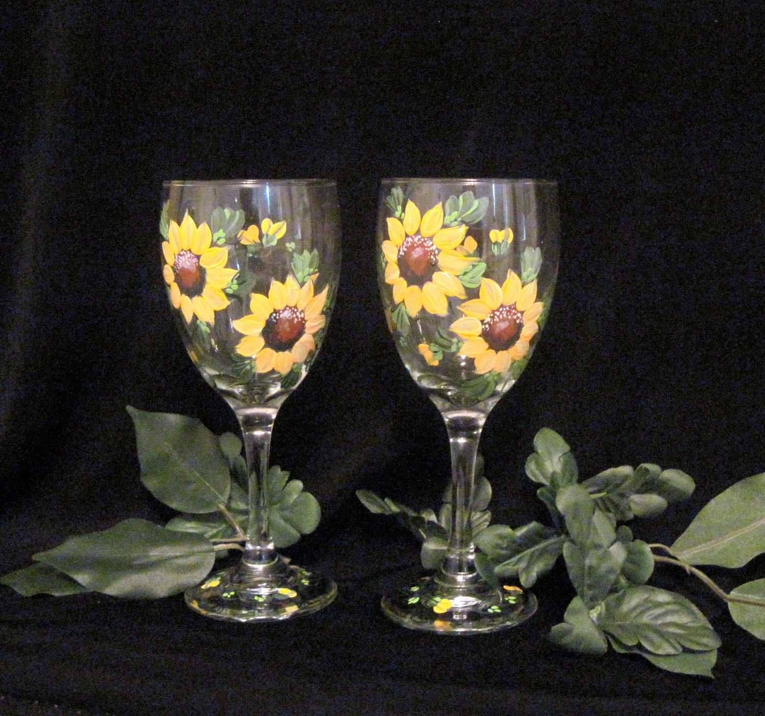Sunflower hand painted pair of wine glasses