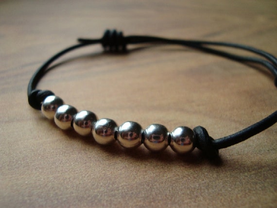 Items similar to Mens Leather Bracelet - Silver Balls - Adjustable Cuff ...