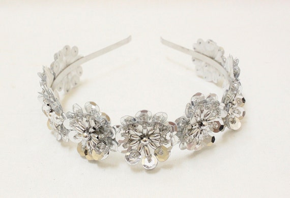 Items similar to Silver Sequins Flower Headband, Silver Flower Crown ...