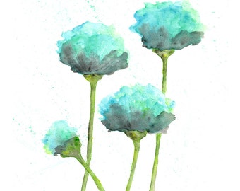 watercolor flower painting, watercolor poppies, flower art, abstract flower painting, poppy painting, mint green, blue, modern - 8X10