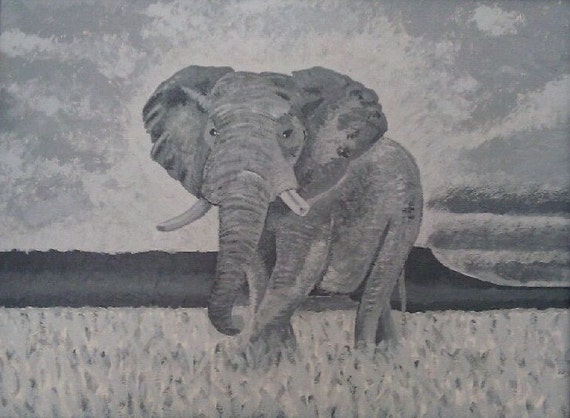 Beauty and Grace--grey scale black and white elephant acrylic painting on canvas board
