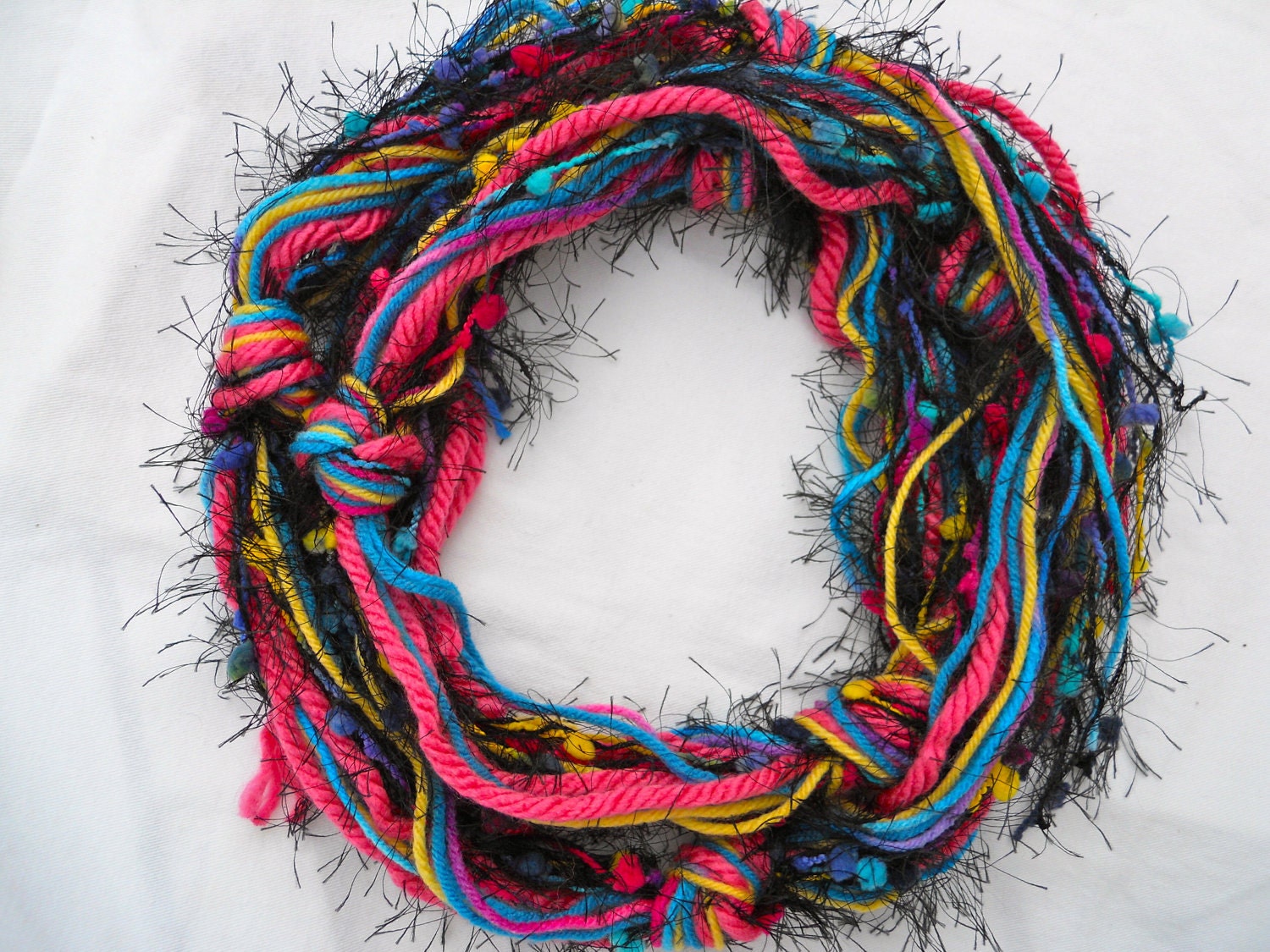 Black and Neon Knotted Yarn Scarf