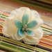 RTS Flower headband in tulle, white and blue tones with multiple pearl center on a baby blue skinny elastic great photo prop