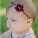Ready to ship Christmas flower headband in velvety dark red with pearl center on skinny elastic great photo prop