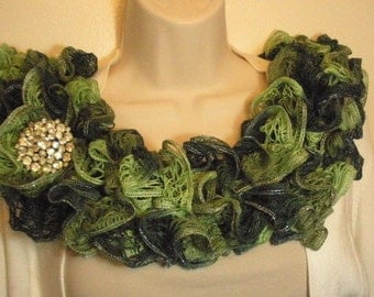Ruffled Lacy Scarf Knit Light Green Dark Green Silver Edges