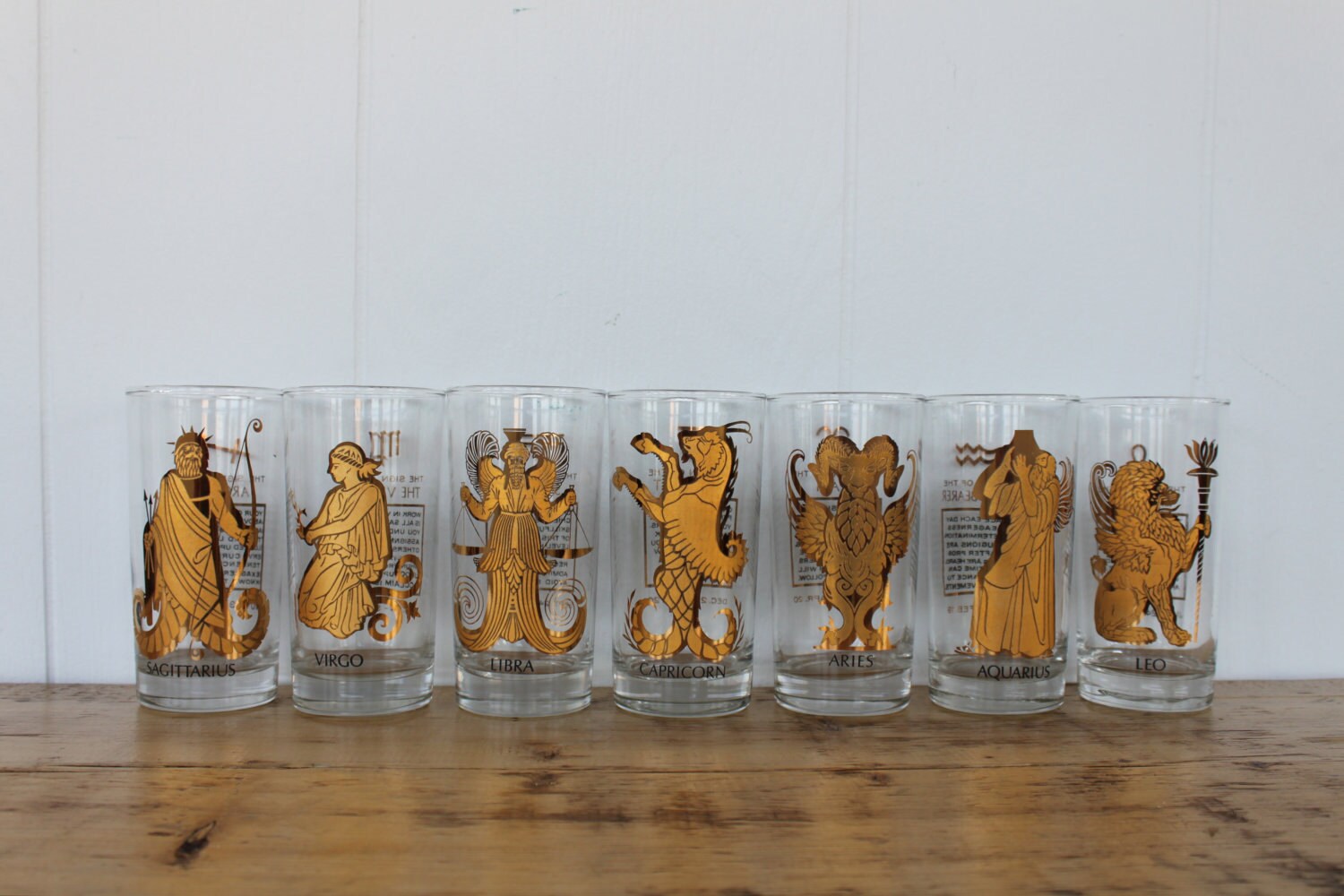Set of 7 Vintage Zodiac Sign Drinking Glasses includes Aries