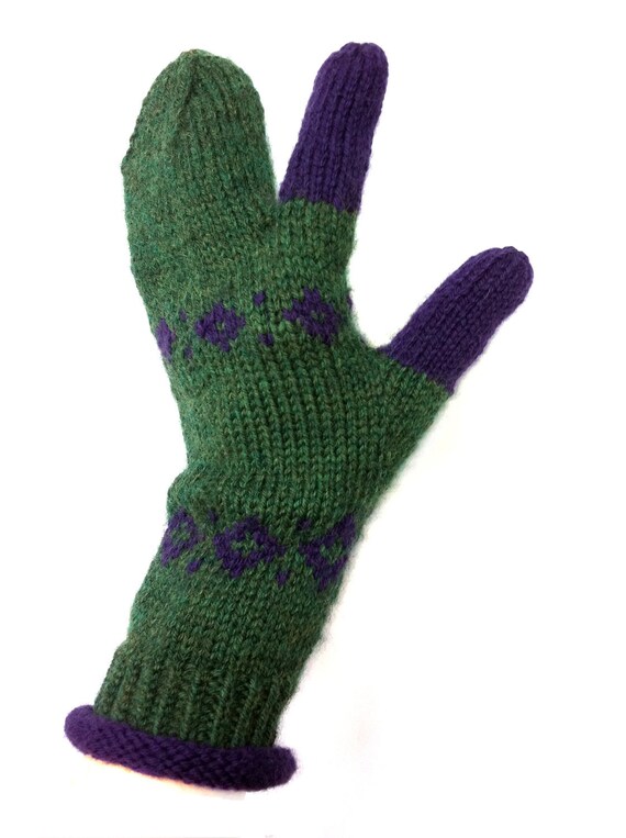 Hand Knit Mittens Women Men Three Finger Mittens Gloves