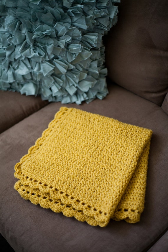 Items similar to Crochet baby blanket mustard yellow scalloped edge