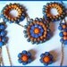 Vintage HUGE Tangerine & Blue Faceted Beads Gold Metal Necklace Earring Brooch Parure Set EX
