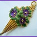 Vintage Brooch Pin Signed GOLD CROWN Parasol Purple Enamel Flower Motif Gold Metal 4" EX