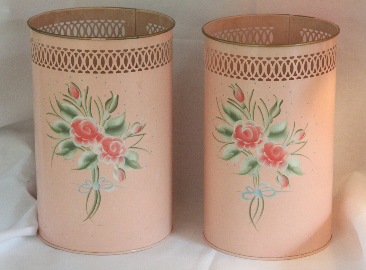 Vintage Waste Basket Tole Hand Painted Pink Rose Metal Trash