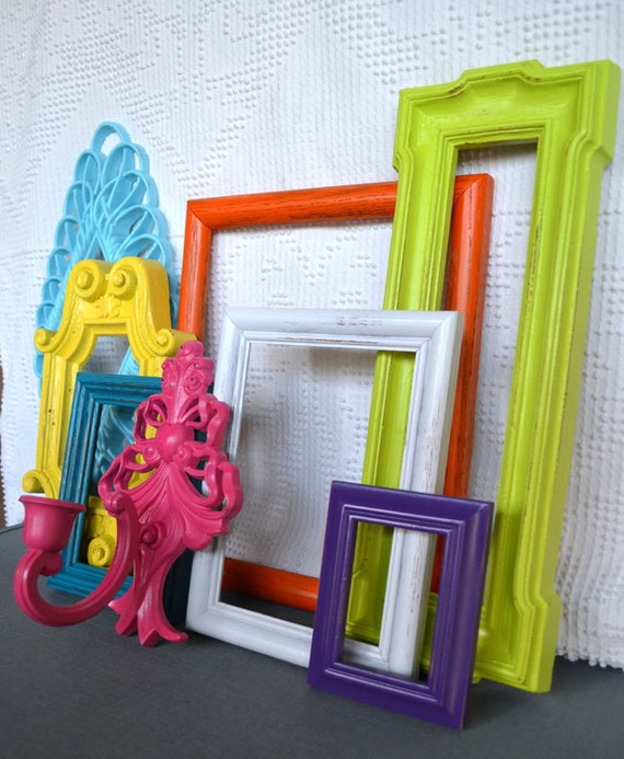 Bright Painted Frames & Mirror Set of 8 Upcycled painted