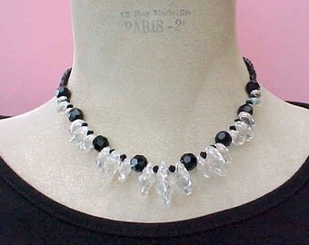 Beautiful Necklace of Black Glass Beads and Gorgeous Disk Shaped Crystals