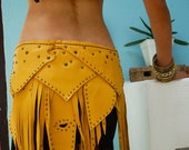 Leather Fringed Costume Belt w/ Bronze Colored Studs - Mustard - Burning Man, Warrior, Tribal, Steampunk