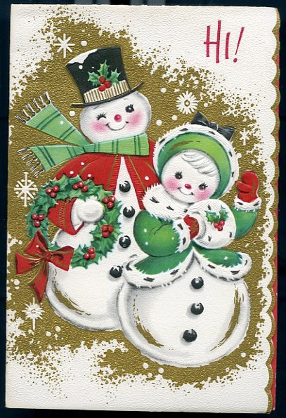 Digital Download-Vintage Christmas Card with Snowman Couple