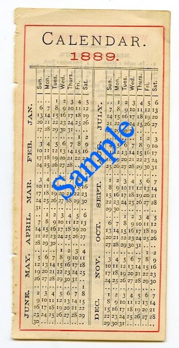 Digital Download Clipart 1889 Calendar Page All Months