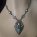 Vintage Czech Edwardian or Art Deco Ornate Filigree Turquoise Green Peking Glass Pendant Necklace