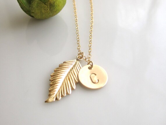 14k Gold Filled Leaf and Initial Necklace All 14k by cocowagner