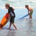 Original Oil Painting: two boys & boogie boards at beach "Boogie Boys"