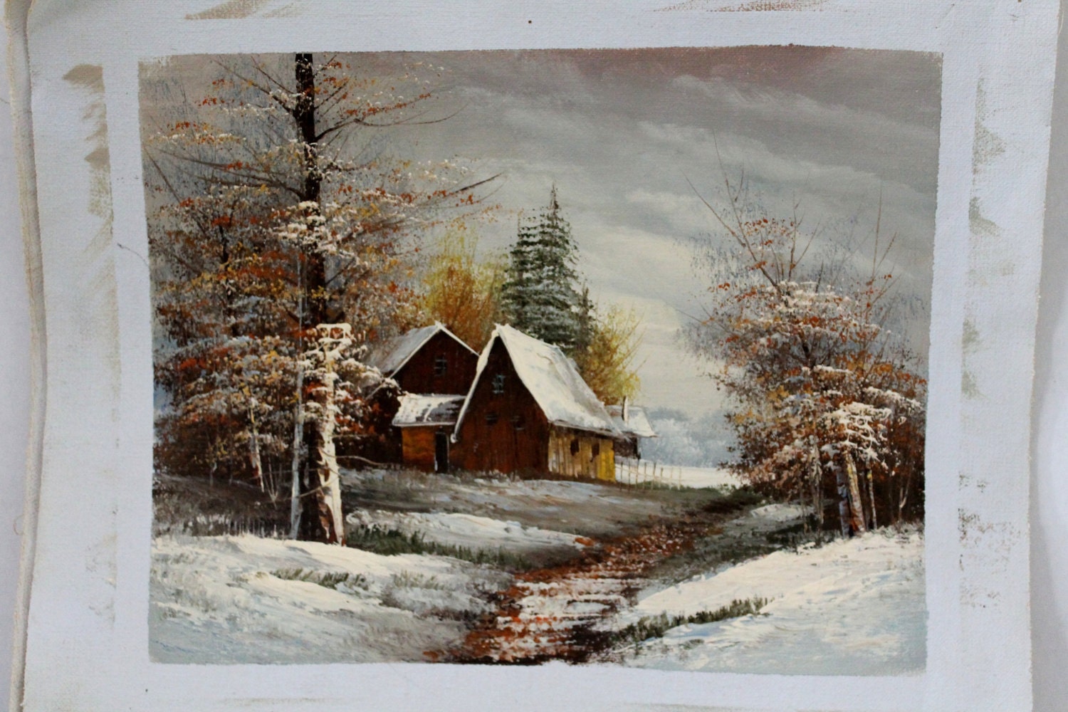 Unstretched Canvas Oil Painting Barn in Snow Unsigned 8 x 10