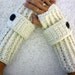 Snow white thick long ribbed with wrist strap crochet button arm warmers, fingerless gloves