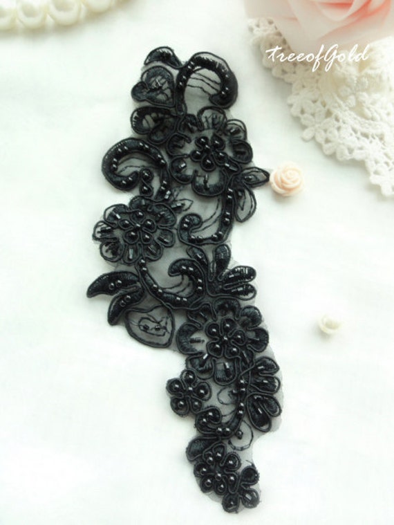 Beaded Black Lace Appliques Black Flower Appliques Lace