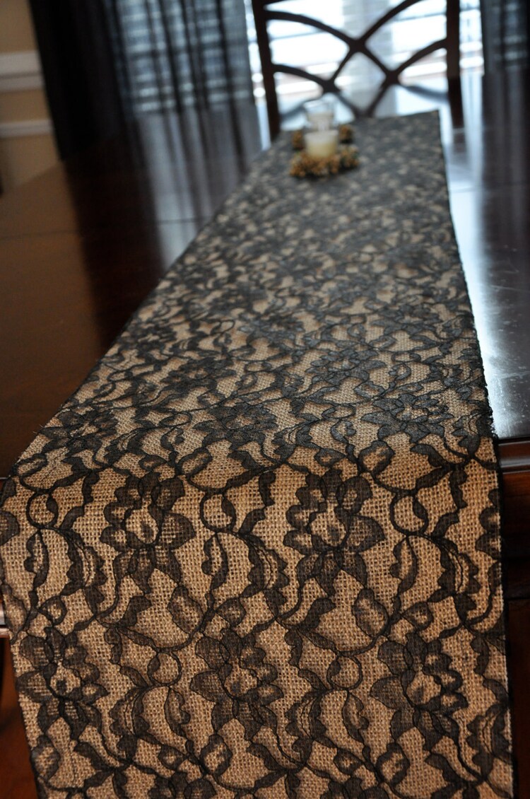 Black Lace and Burlap Table Runner Lace Over by SettingUpHouse