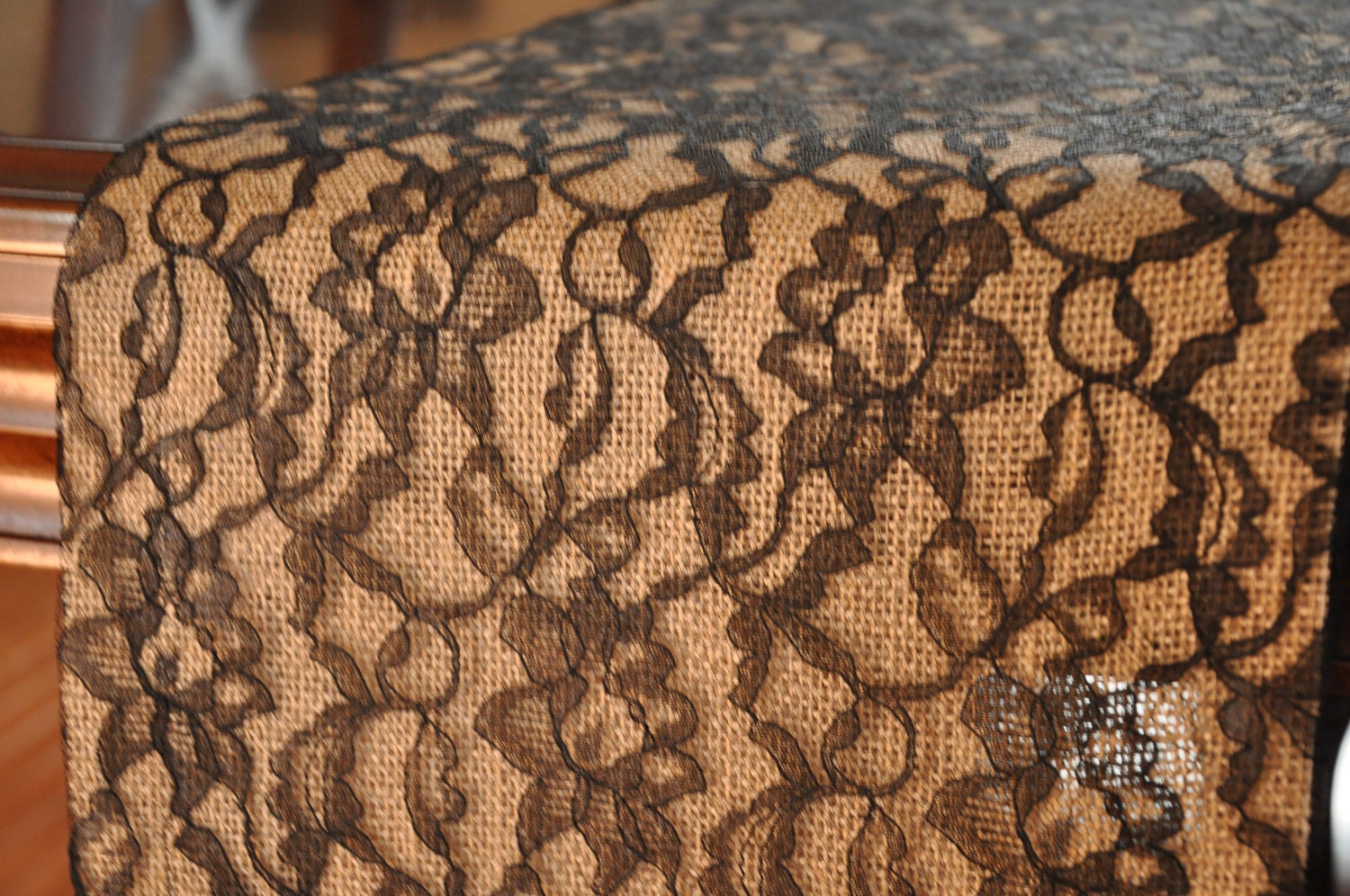 Black Lace and Burlap Table Runner Lace Over by SettingUpHouse