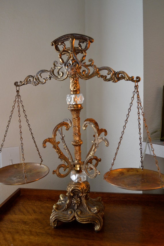 Decorative Footed Vintage Balance Scale Brass and Crystal