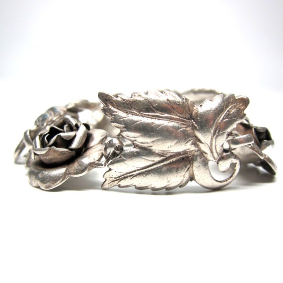 Silver Leaves Rose Bracelet Bauring Sterling Silver 1940s
