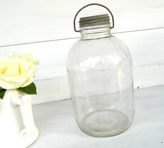 Large Vintage Glass Jar with Wire Handle Zinc Lid / Ball