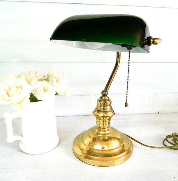 Vintage Desk Lamp Brass Jade Green Glass