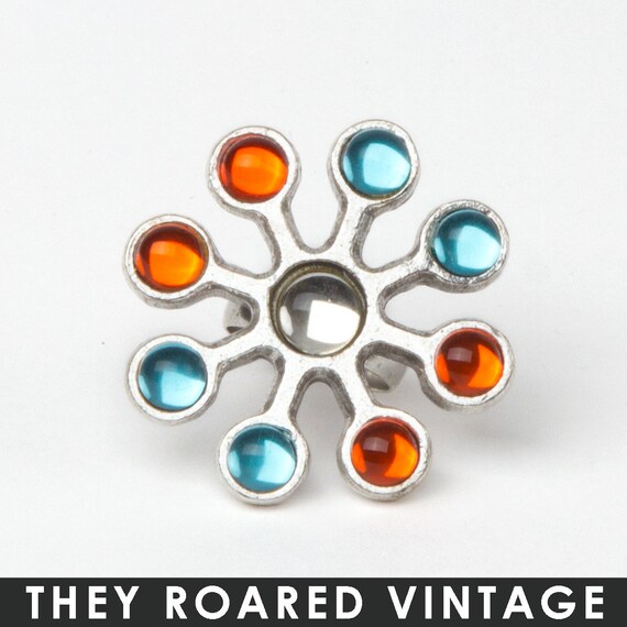 60s Vintage Silver Flower Ring Mod Glass Orange Blue