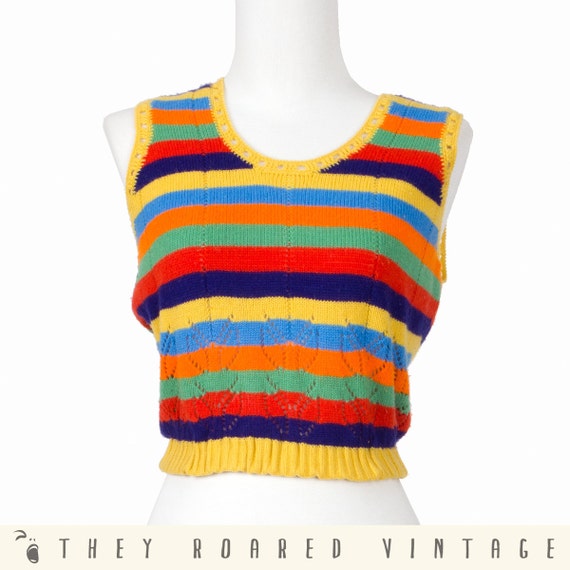 70s Vintage Crop Sweater Hippie Rainbow Stripes Red Purple